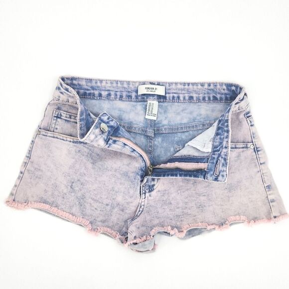 Forever 21 High Waist Cutoff Denim Jean Shorts Women Size 27 Pink Blue Acid Wash - Picture 4 of 10